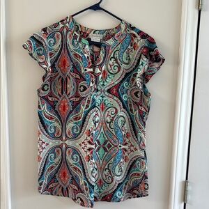 Van Heusen Blue and Red Cap Sleeve Blouse with Mandarin Collar